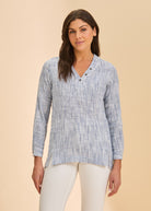 Front view of striped blue tunic with v-neck and button detail by French Dressing Jeans (FDJ)