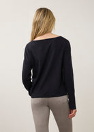 Back view of navy sweater showing simple, sleek design by French Dressing Jeans (FDJ)