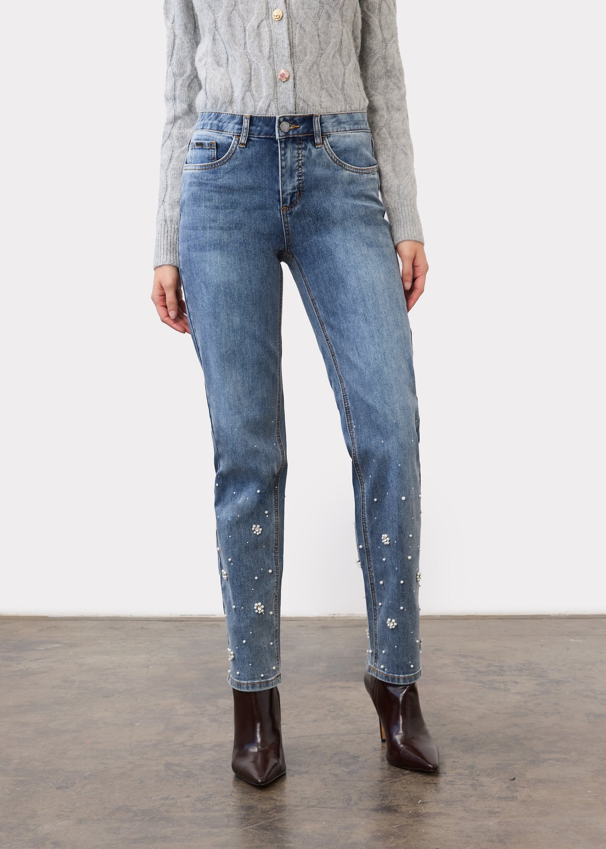 Front view of indigo jeans with pearl embellishments on straight leg by French Dressing Jeans (FDJ)