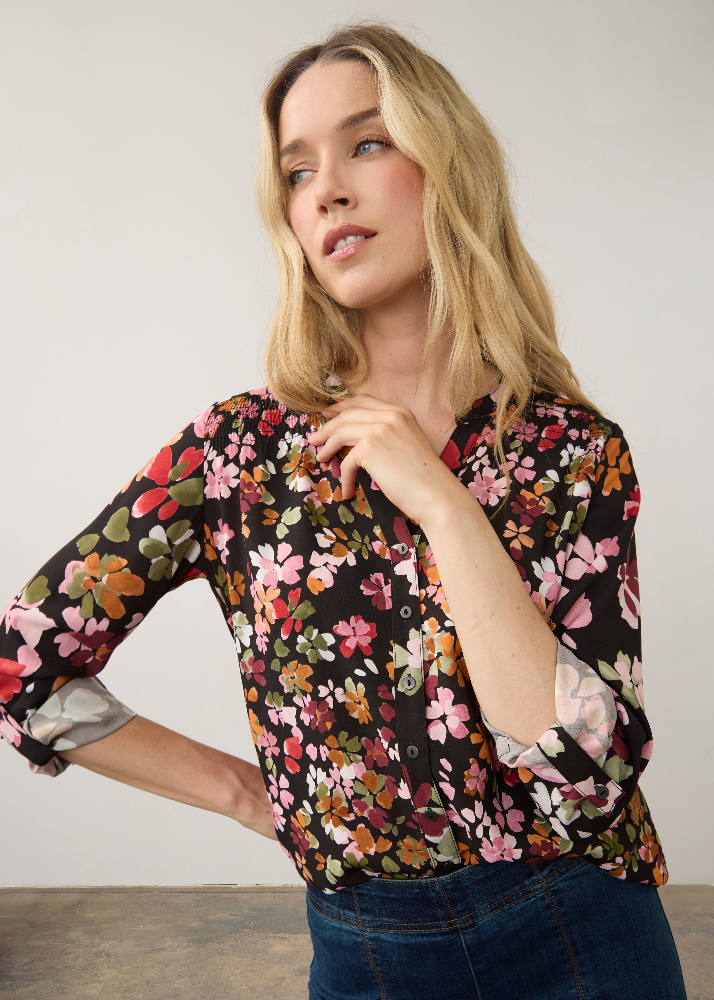 Close-up of vibrant floral shirt showing V-neck and print by French Dressing Jeans (FDJ)