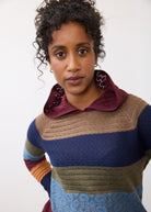 Close-up of multicolored hoodie sweater highlighting knit pattern and hood detail by French Dressing Jeans (FDJ)