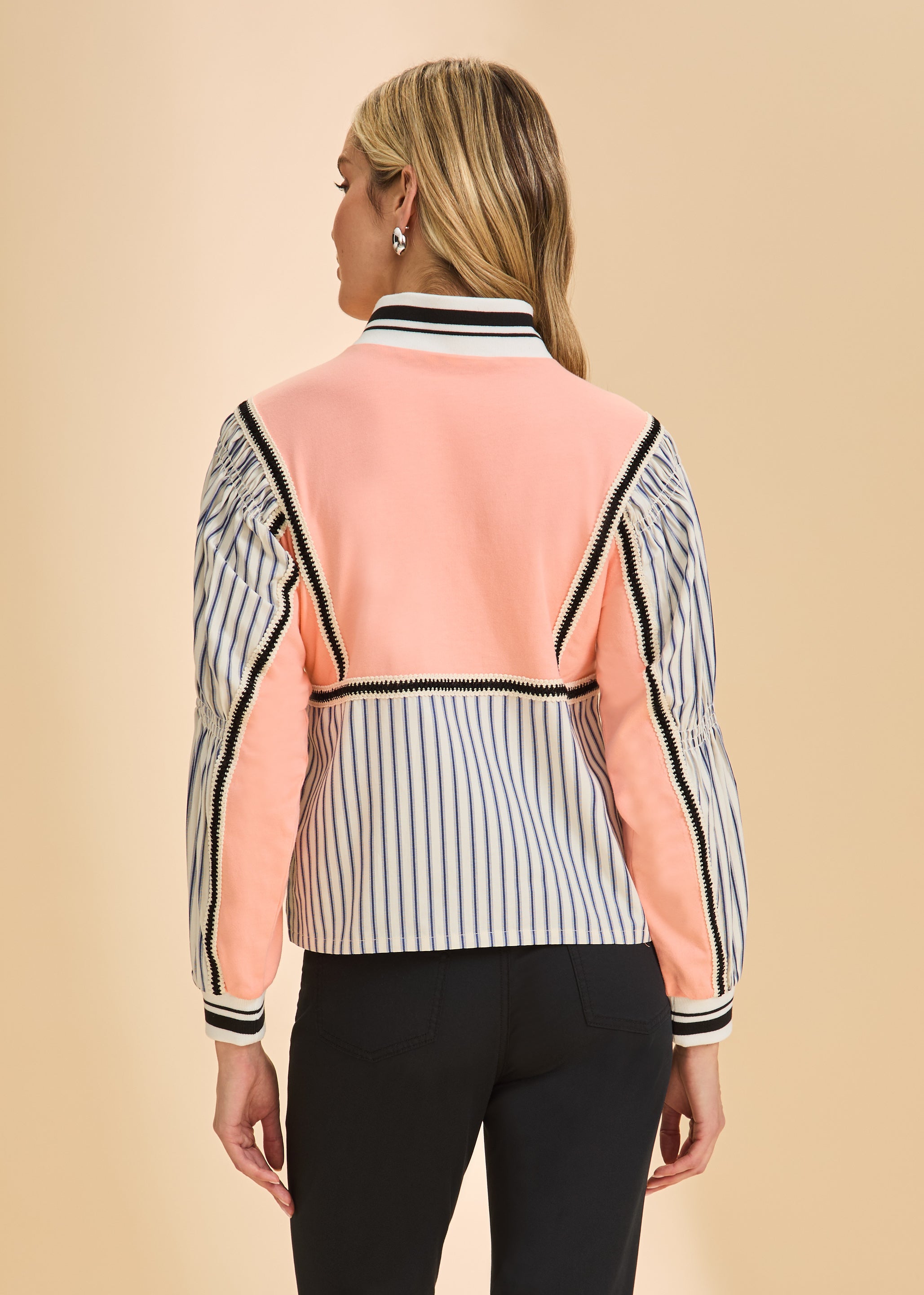 Back view of cantaloupe top showing striped sleeves and contrast trim details by French Dressing Jeans (FDJ)
