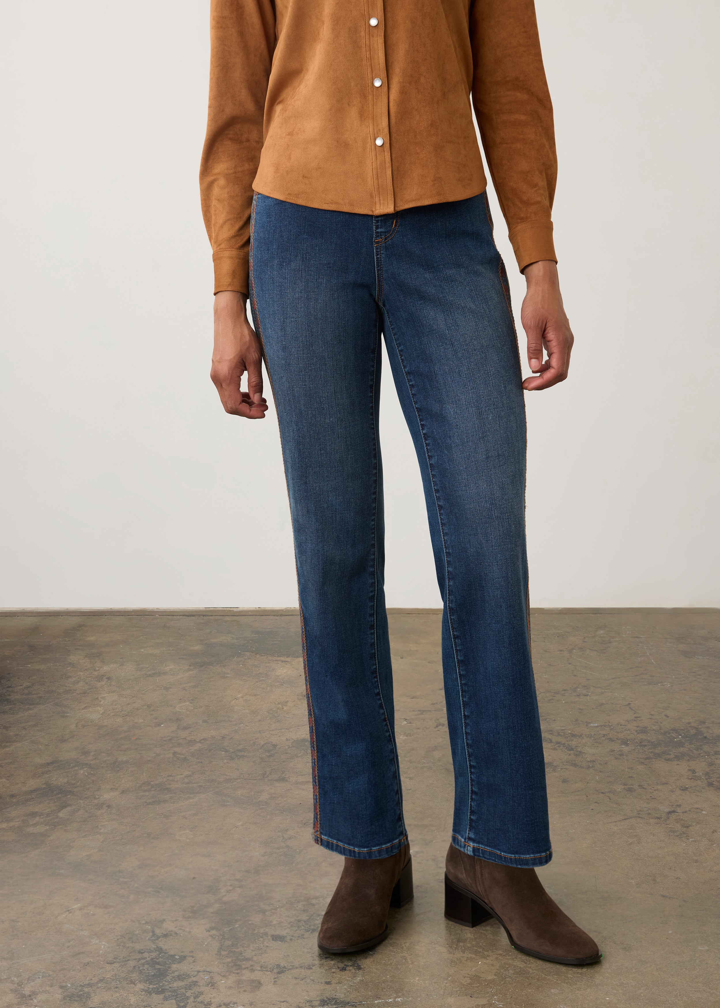Front view of medium blue jeans with subtle side stitching detail by French Dressing Jeans (FDJ) par French Dressing Jeans (FDJ)