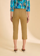 Back view of khaki crop pants featuring patch pockets and slim fit by French Dressing Jeans (FDJ)