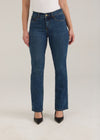 Front view of dark wash slim leg jeans with classic design by French Dressing Jeans (FDJ)