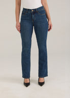 Front view of dark wash slim leg jeans with classic design by French Dressing Jeans (FDJ)