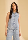 Close-up of sleeveless denim top in powder wash with button-down front by French Dressing Jeans (FDJ)