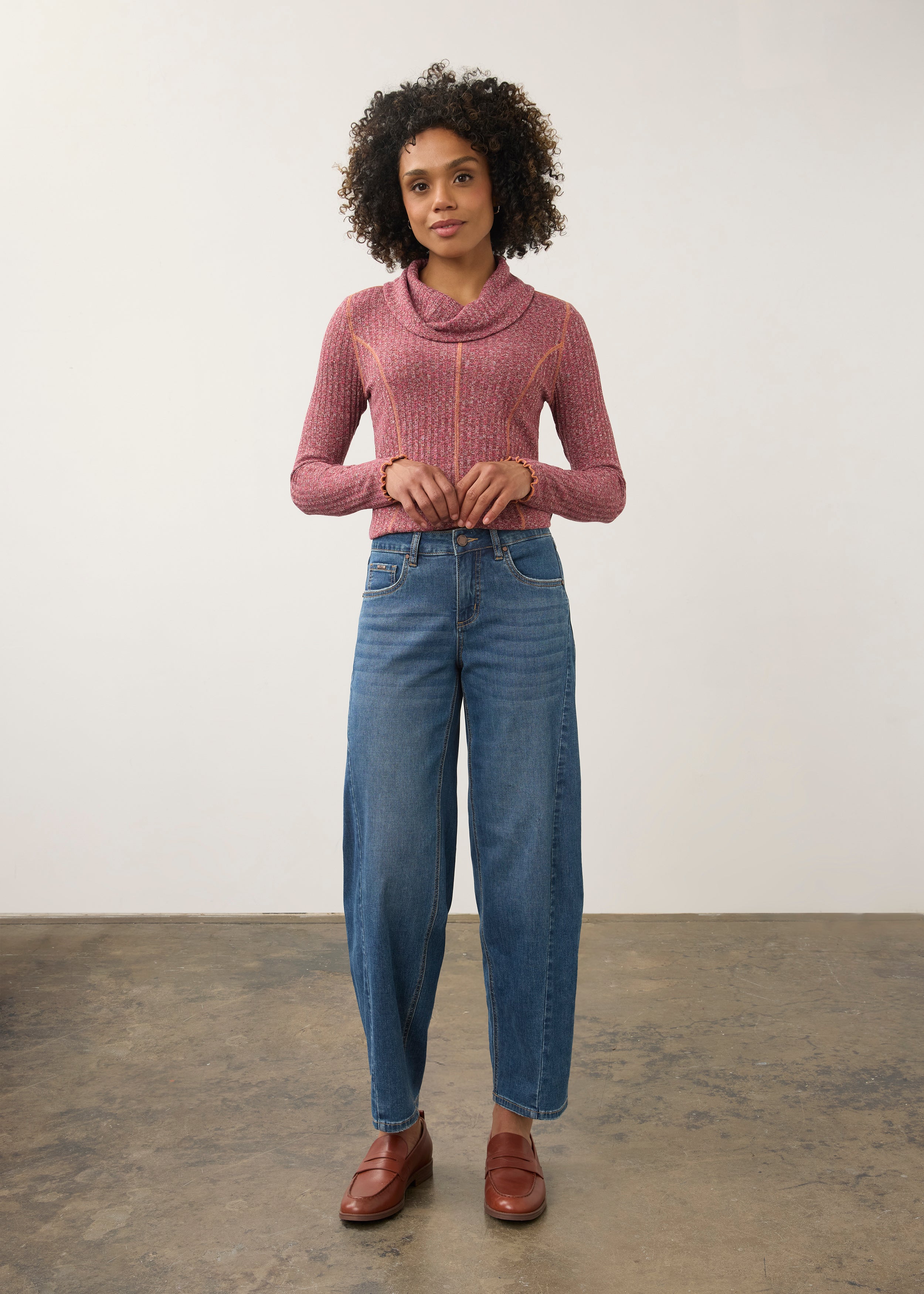 Full view of pink cowl neck top styled with blue jeans by French Dressing Jeans (FDJ)