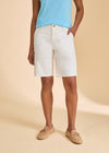 Close-up front view of white Petite Suzanne shorts, featuring high-rise waist by French Dressing Jeans (FDJ)