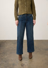 Front view of medium blue wide-leg denim highlighting mid-rise and front seam detail by French Dressing Jeans (FDJ)