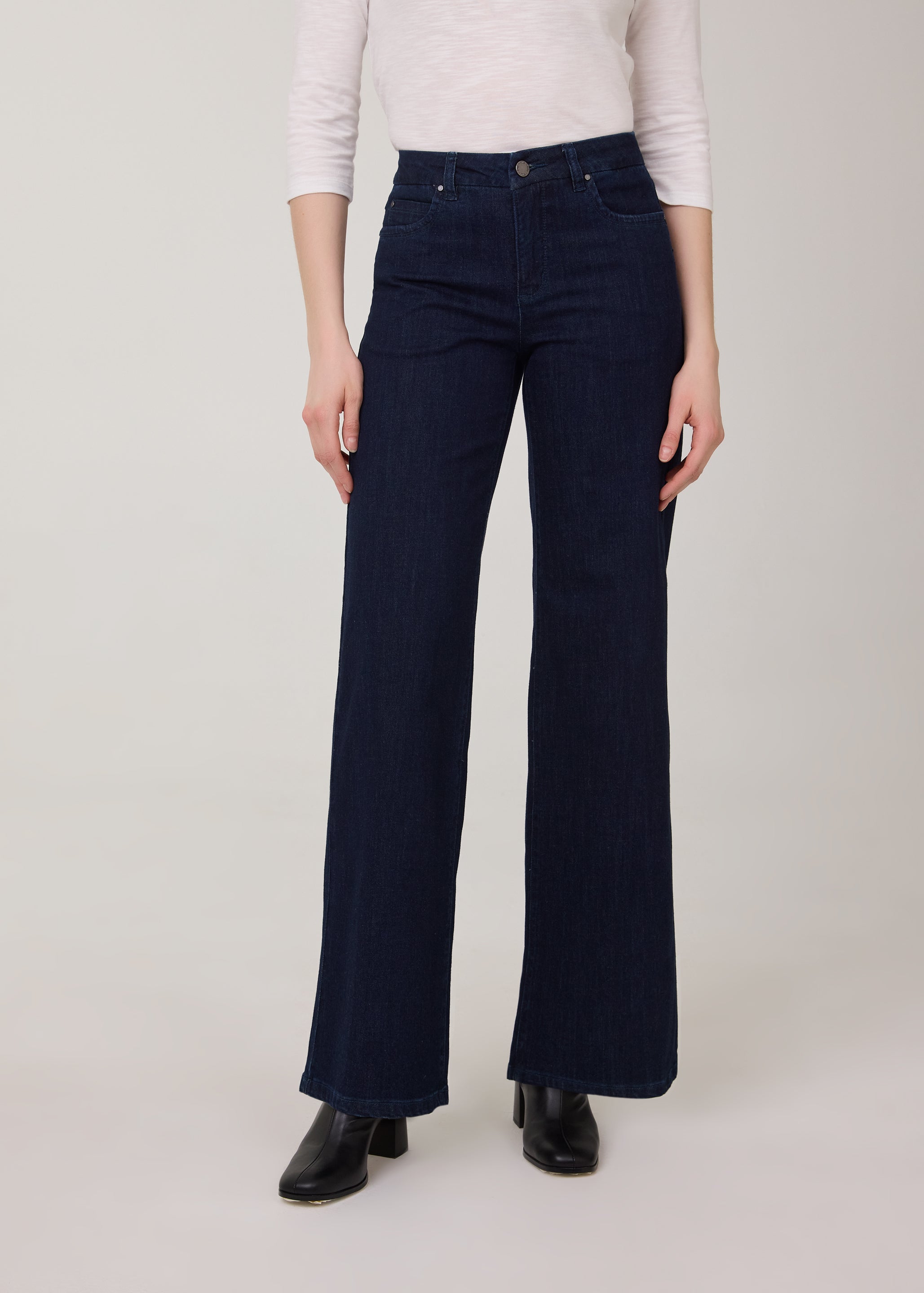 Front view of high-rise dark jeans with wide-leg in Delight color by French Dressing Jeans (FDJ)