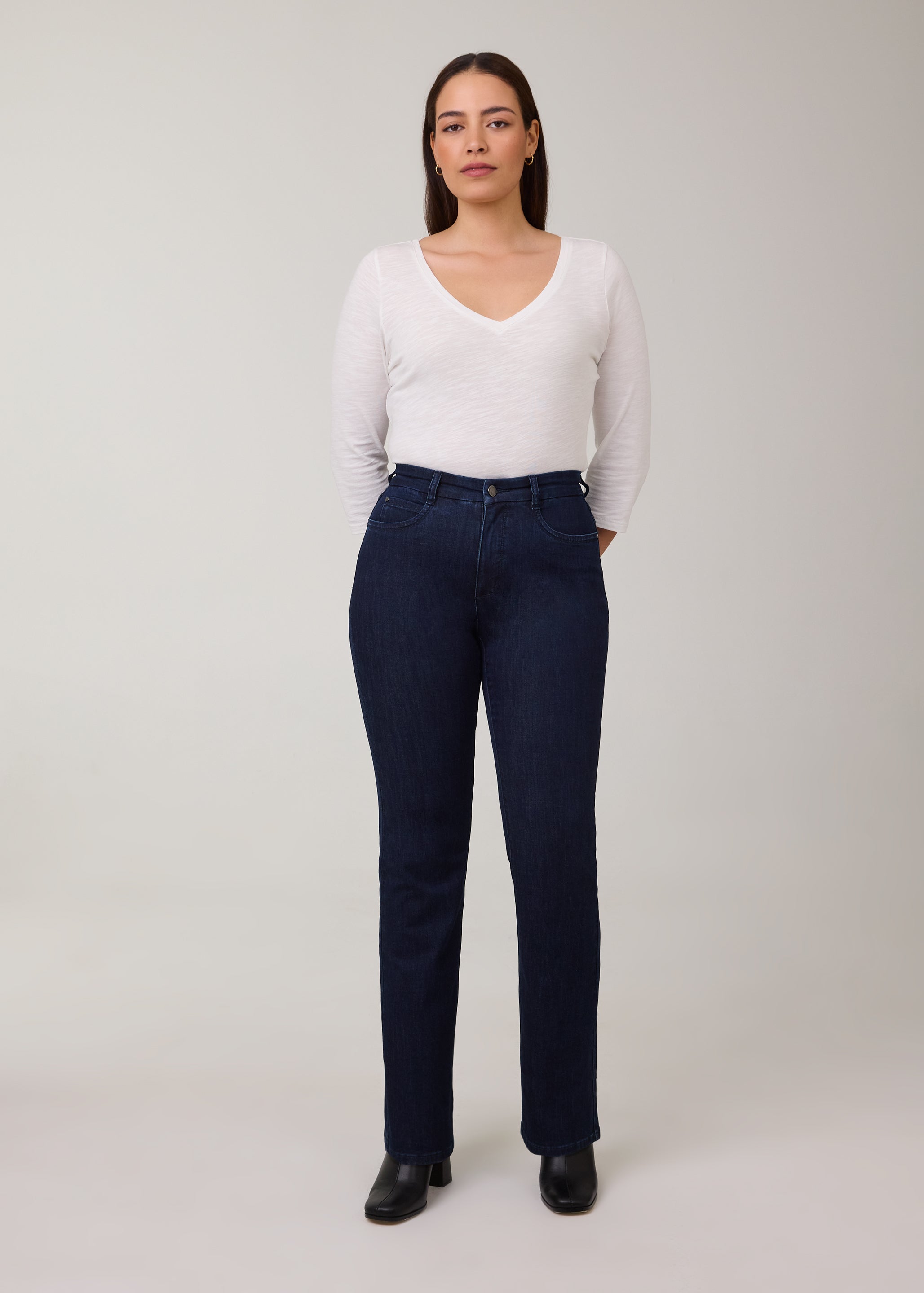 Model in vibrant Delight straight leg jeans with white top by French Dressing Jeans (FDJ)
