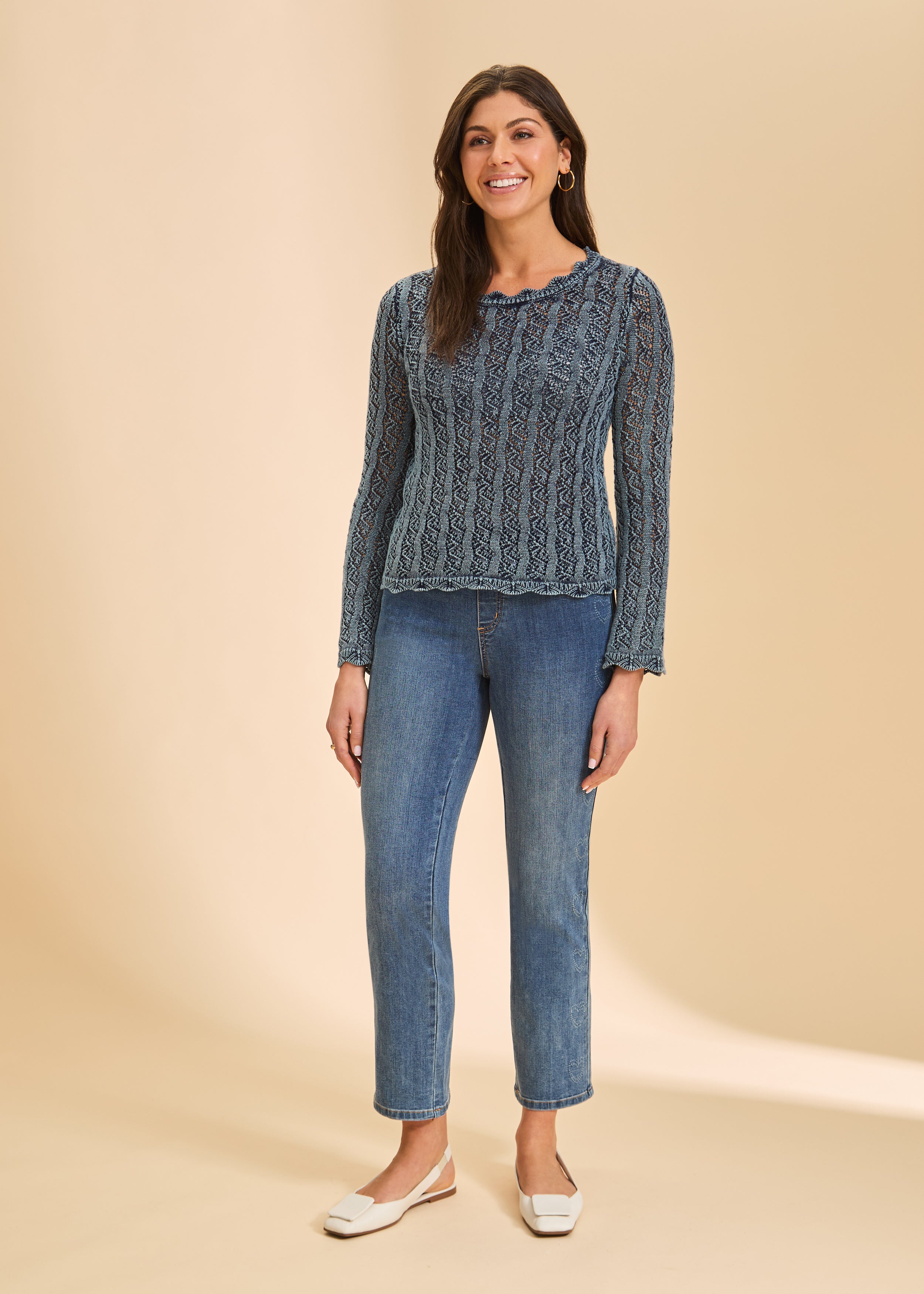 Full view of dark blue lace sweater styled with jeans by French Dressing Jeans (FDJ)