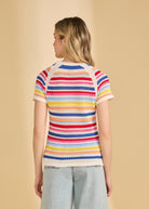 Back view of multi-color stripe sweater showing raglan cap sleeves by French Dressing Jeans (FDJ)