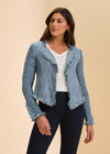 Front view of blue tweed jacket with fringe trim and zip pockets by French Dressing Jeans (FDJ)