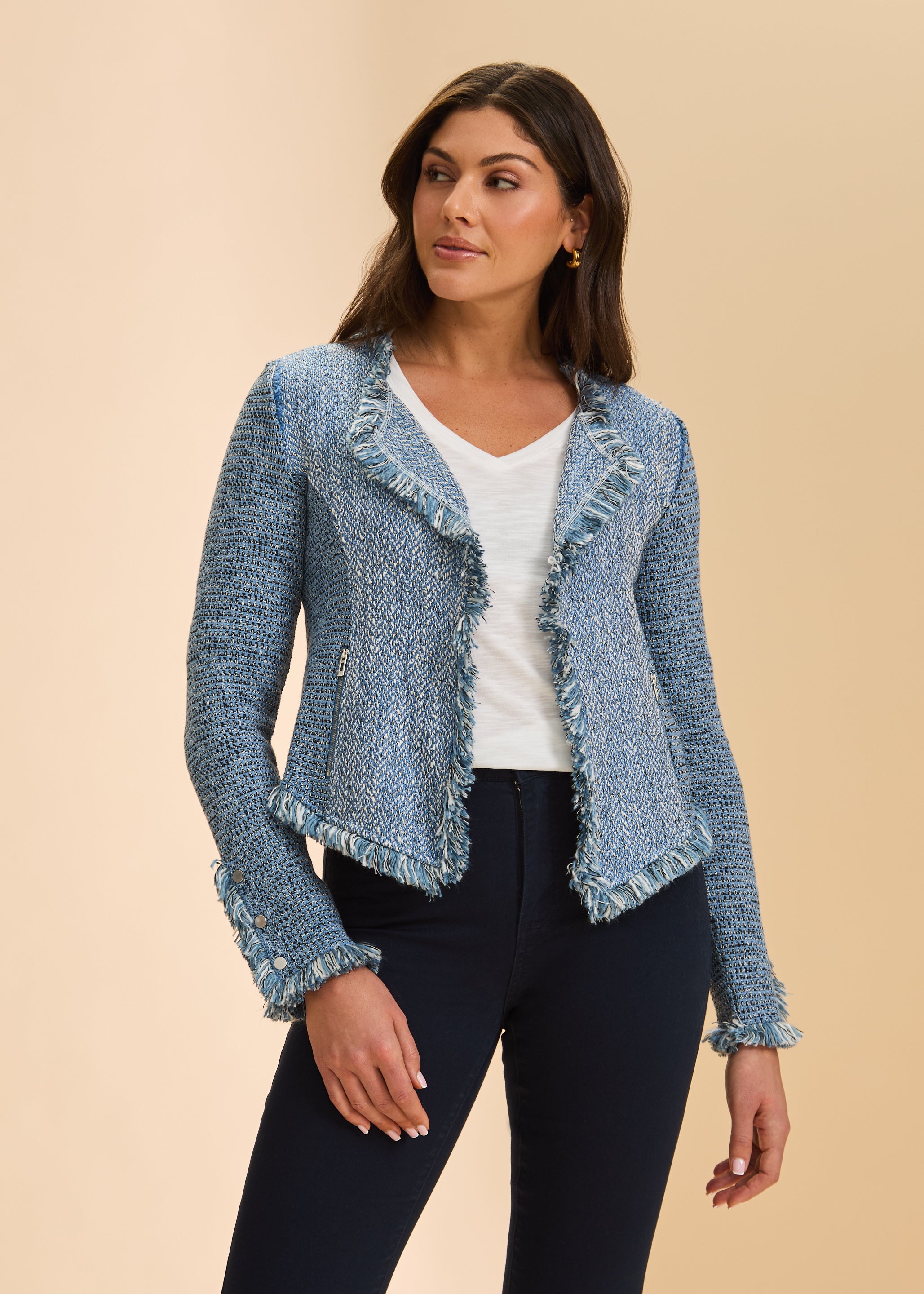 Front view of blue tweed jacket with fringe trim and zip pockets by French Dressing Jeans (FDJ)