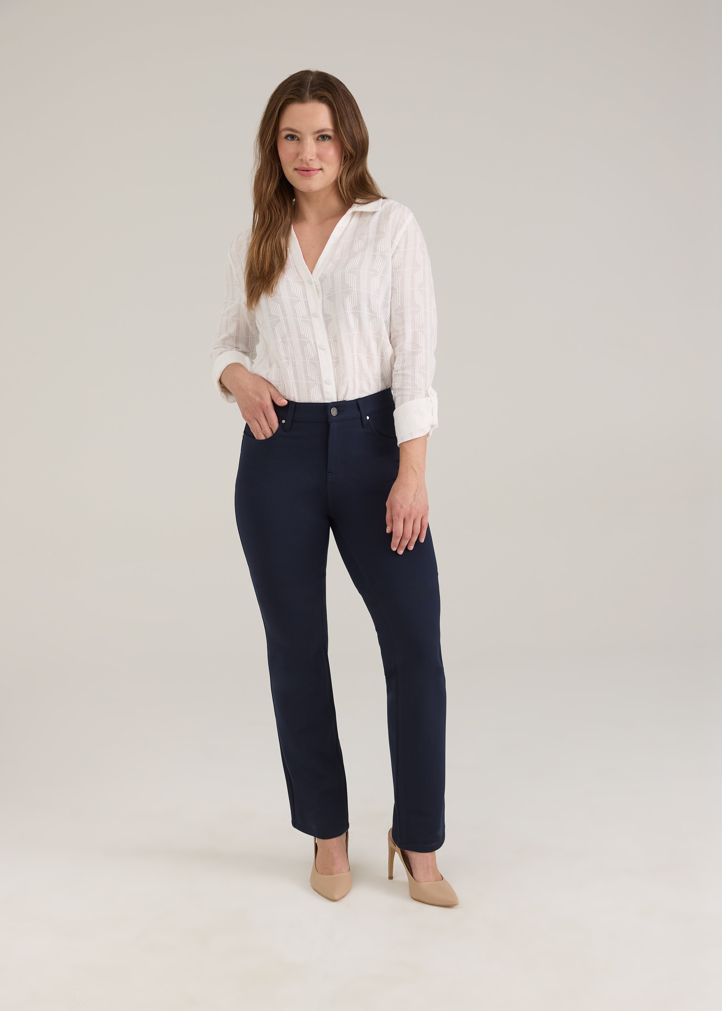 Full outfit with navy pants highlighting versatile style by French Dressing Jeans (FDJ)