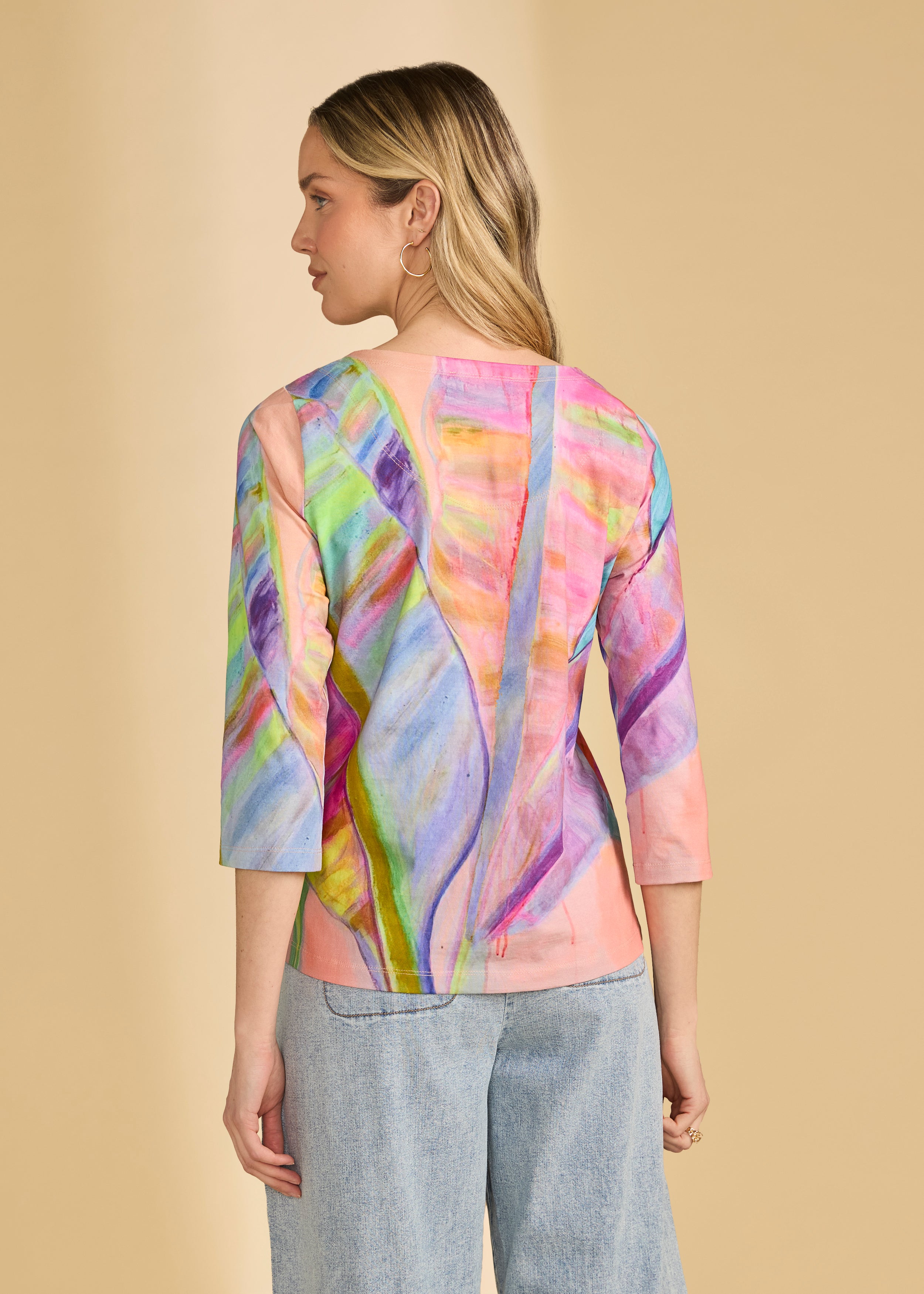 Back view of 3/4 sleeve neon palm top showing vibrant abstract design and relaxed fit by French Dressing Jeans (FDJ)