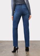Back view of indigo jeans featuring patch pockets and slim straight leg by French Dressing Jeans (FDJ)