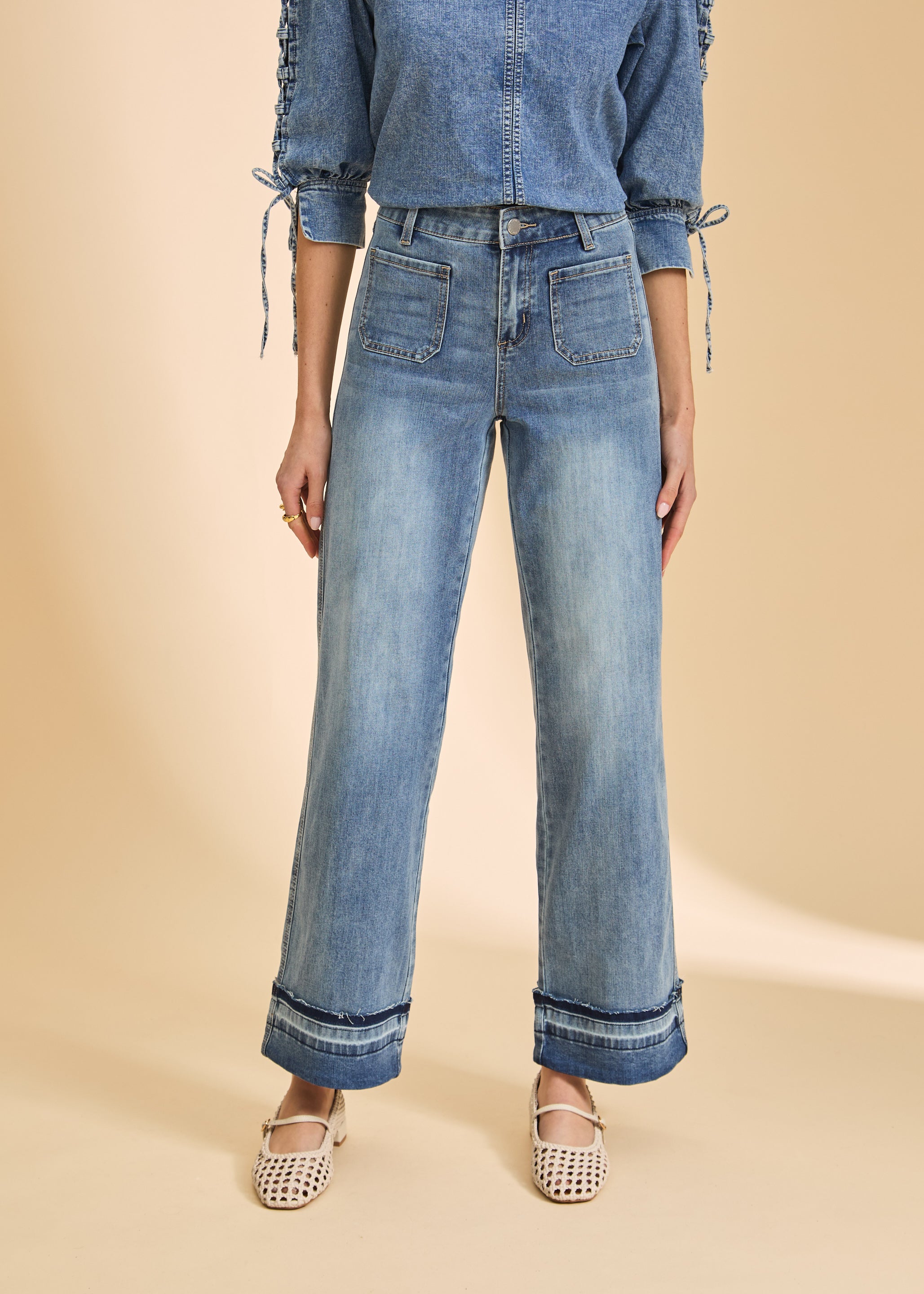 Front view of wide-leg denim with cuffed hem detailing by French Dressing Jeans (FDJ)