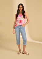 Full view of pink tie-dye top with capri jeans, summer-ready look by French Dressing Jeans (FDJ)