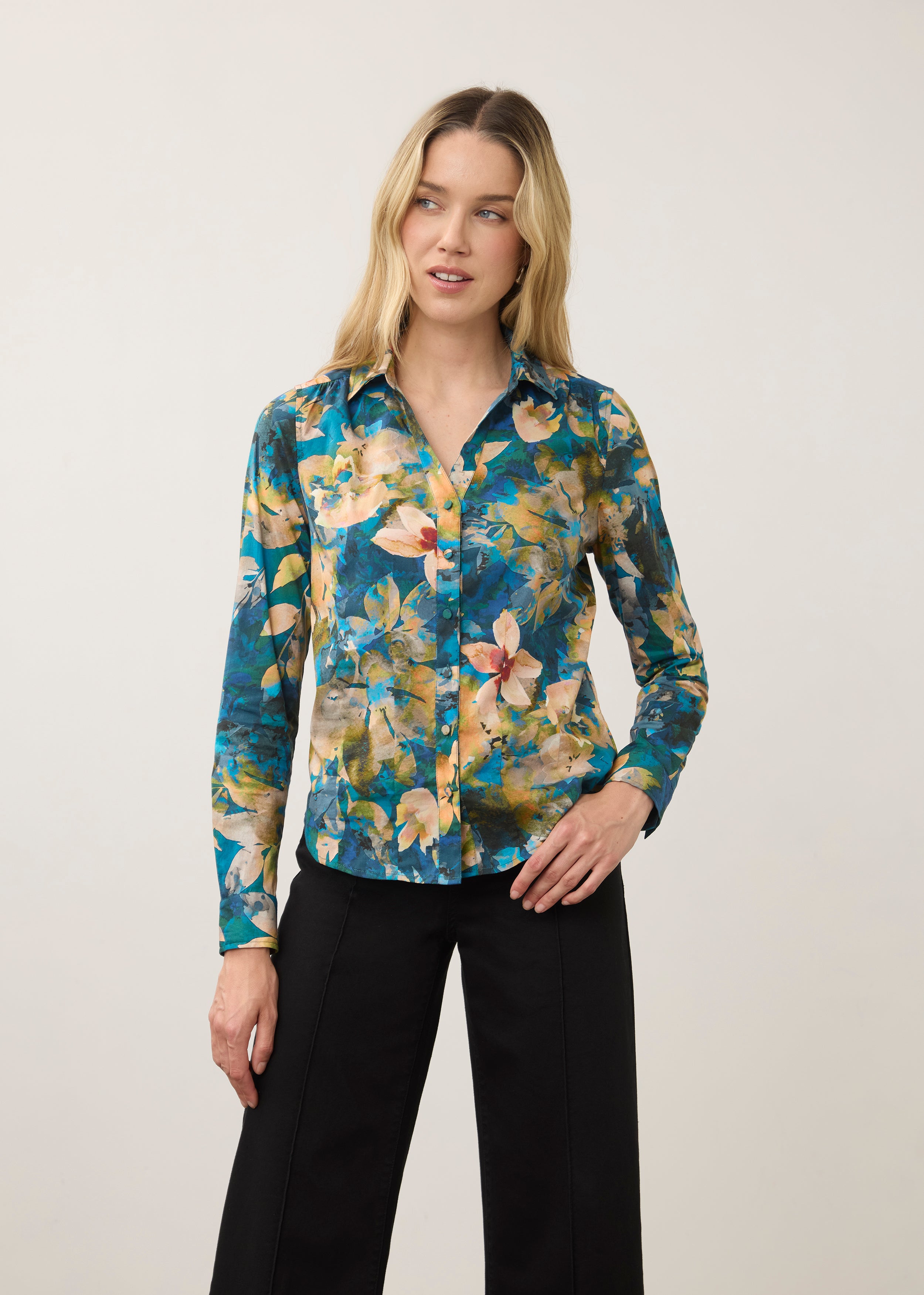 Front view of blue floral printed shirt with button front by French Dressing Jeans (FDJ)