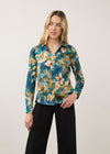 Front view of blue floral printed shirt with button front by French Dressing Jeans (FDJ)