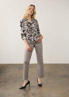 Full view of grey straight ankle denim styled with floral blouse by French Dressing Jeans (FDJ) par French Dressing Jeans (FDJ)