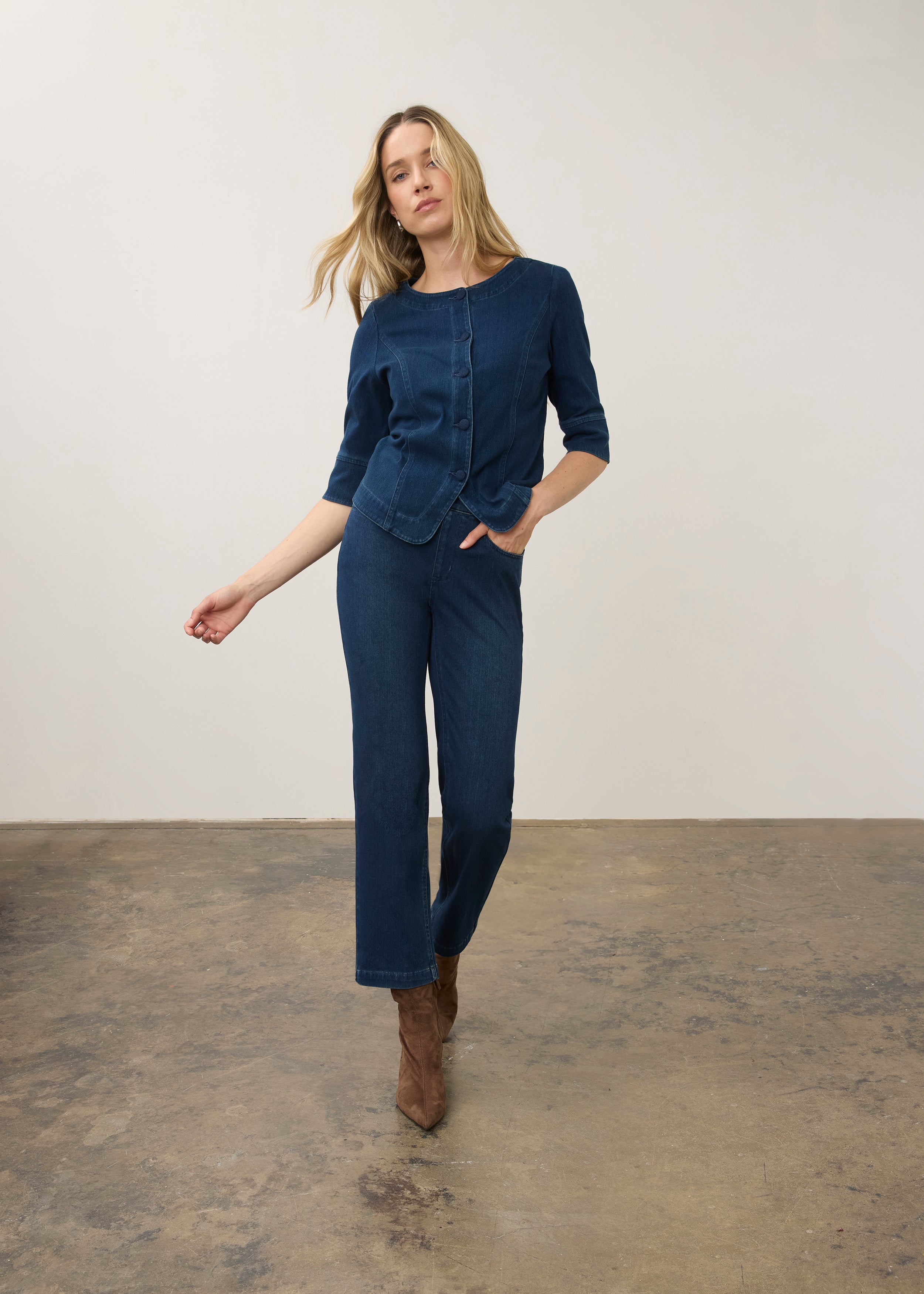 Full outfit view of dark rinse button-up top paired with matching jeans by French Dressing Jeans (FDJ)
