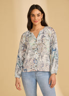 Front view of long sleeve printed shirt in Neutral Narnia with V-neck and buttons by French Dressing Jeans (FDJ)