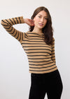Front view of striped sweater in tan and black with long sleeves by French Dressing Jeans (FDJ)
