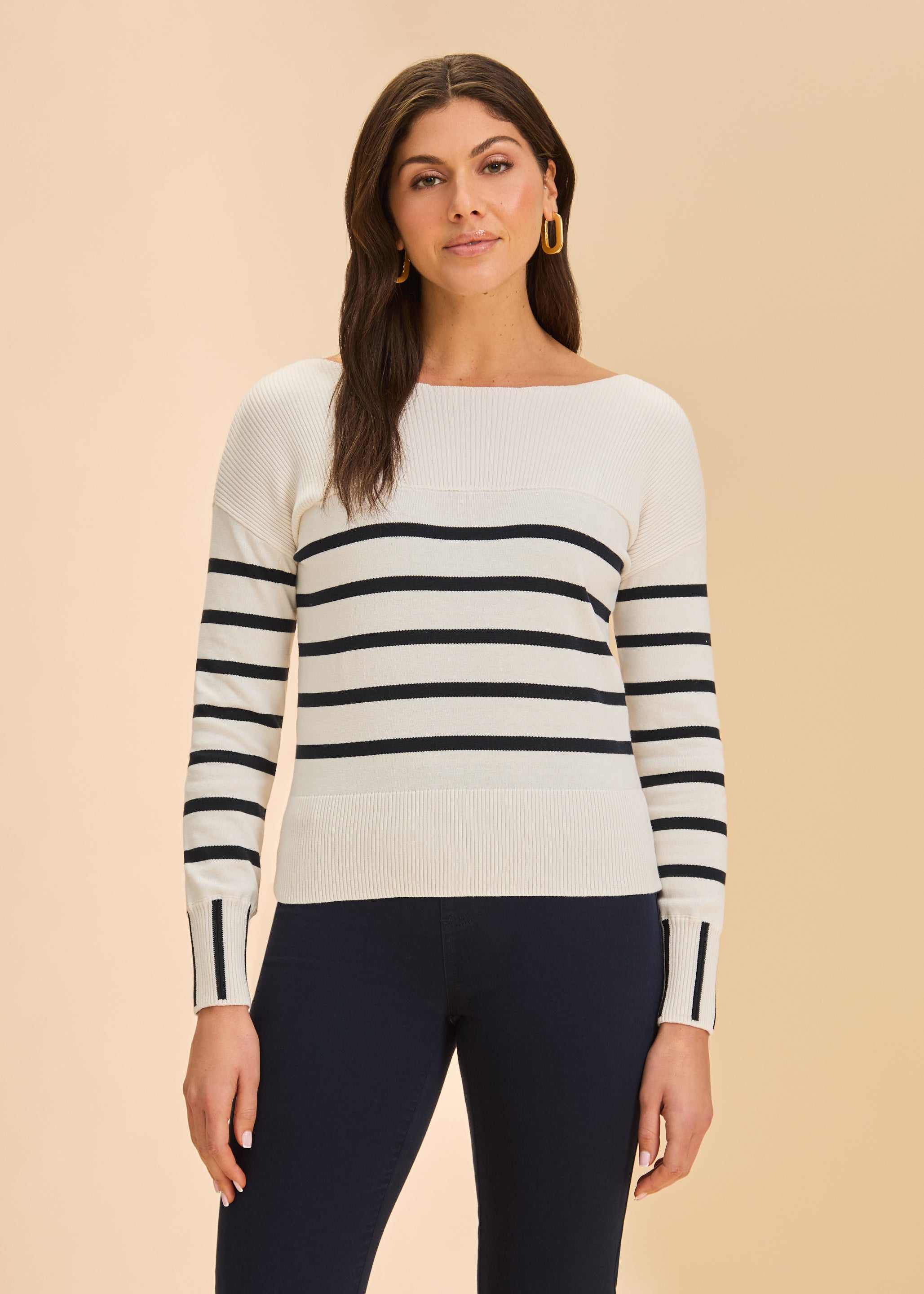 Front view of white/black stripe sweater with boat neck and long sleeves by French Dressing Jeans (FDJ)