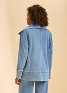 Back view of light blue denim jacket highlighting seam detail and wide collar by French Dressing Jeans (FDJ)