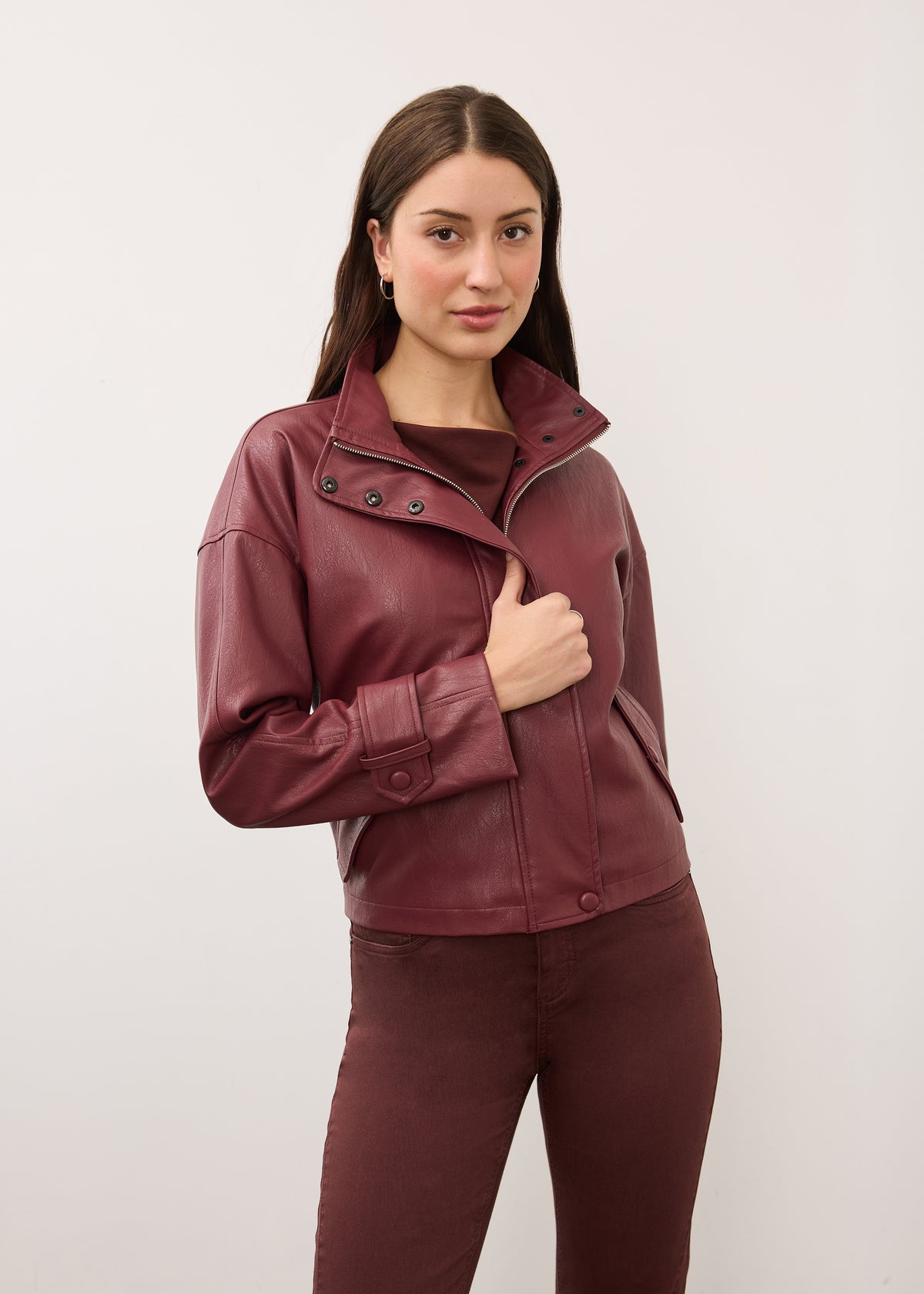 Front view of model in burgundy Olivia denim and jacket ensemble by French Dressing Jeans (FDJ)
