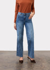 Front view of indigo jeans with seam detailing and straight leg cut by French Dressing Jeans (FDJ)