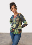 Front view of multicolor abstract print top with long sleeves and V-neck by French Dressing Jeans (FDJ)