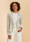 Front view of cream tweed jacket with fringe accents and open style by French Dressing Jeans (FDJ)