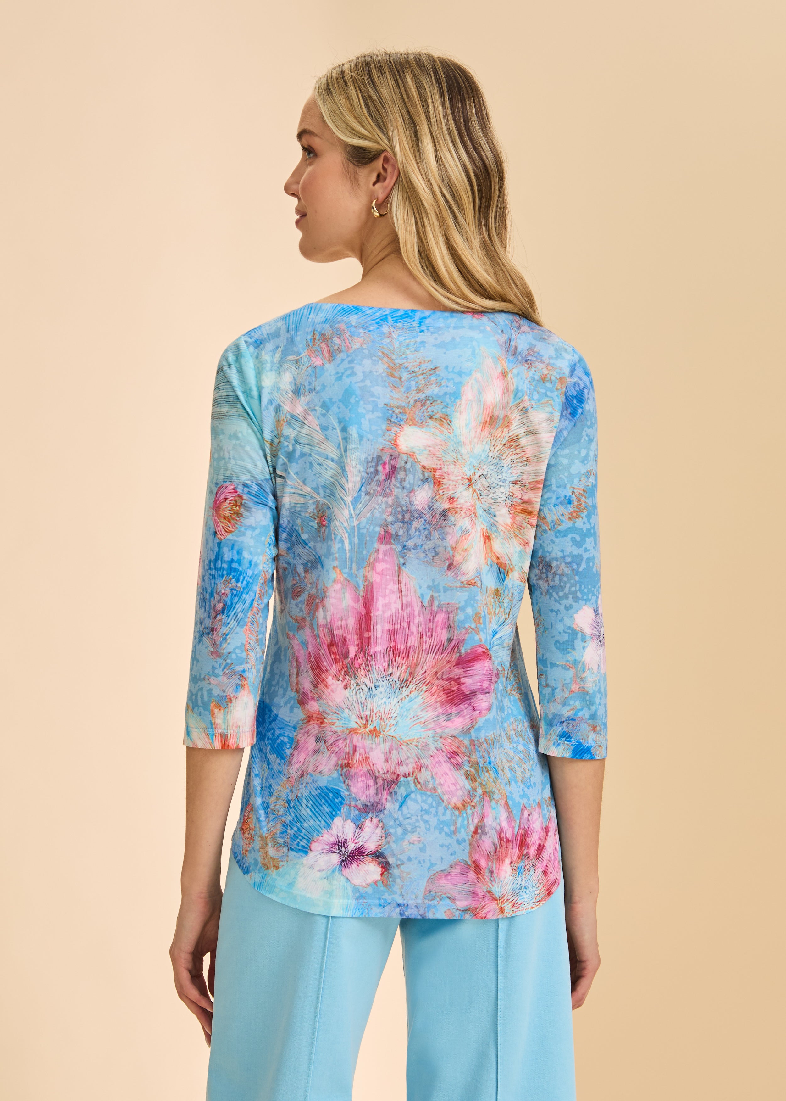 Back view of blue floral top showcasing 3/4 sleeves and relaxed fit by French Dressing Jeans (FDJ)