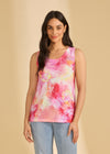 Front view of pink sleeveless top with vibrant tie-dye effect by French Dressing Jeans (FDJ)