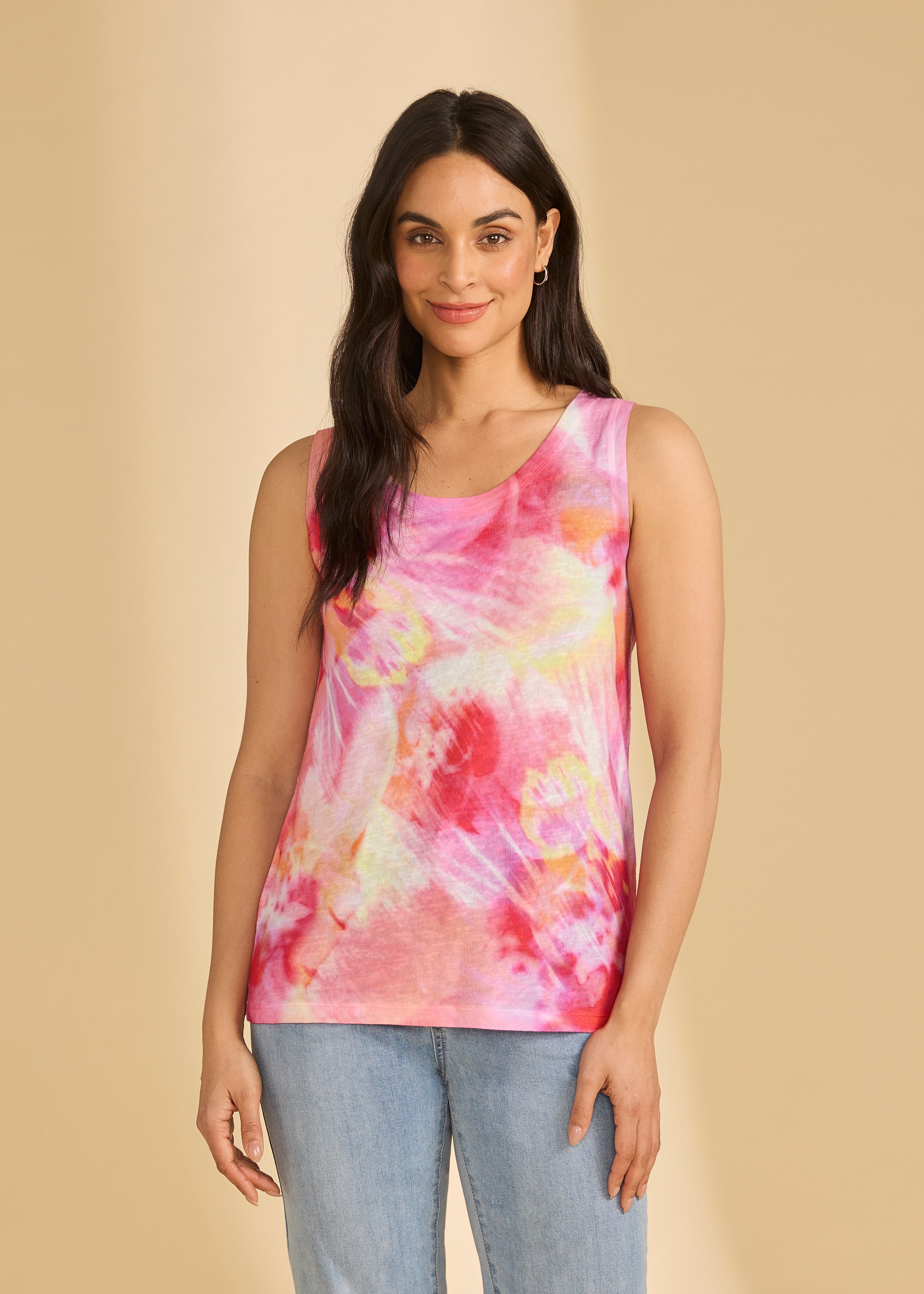 Front view of pink sleeveless top with vibrant tie-dye effect by French Dressing Jeans (FDJ)