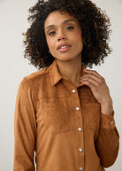 Close-up of brown suede shirt emphasizing button details by French Dressing Jeans (FDJ)