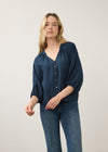 Front view of navy blouse with colorful buttons and V-neck by French Dressing Jeans (FDJ)