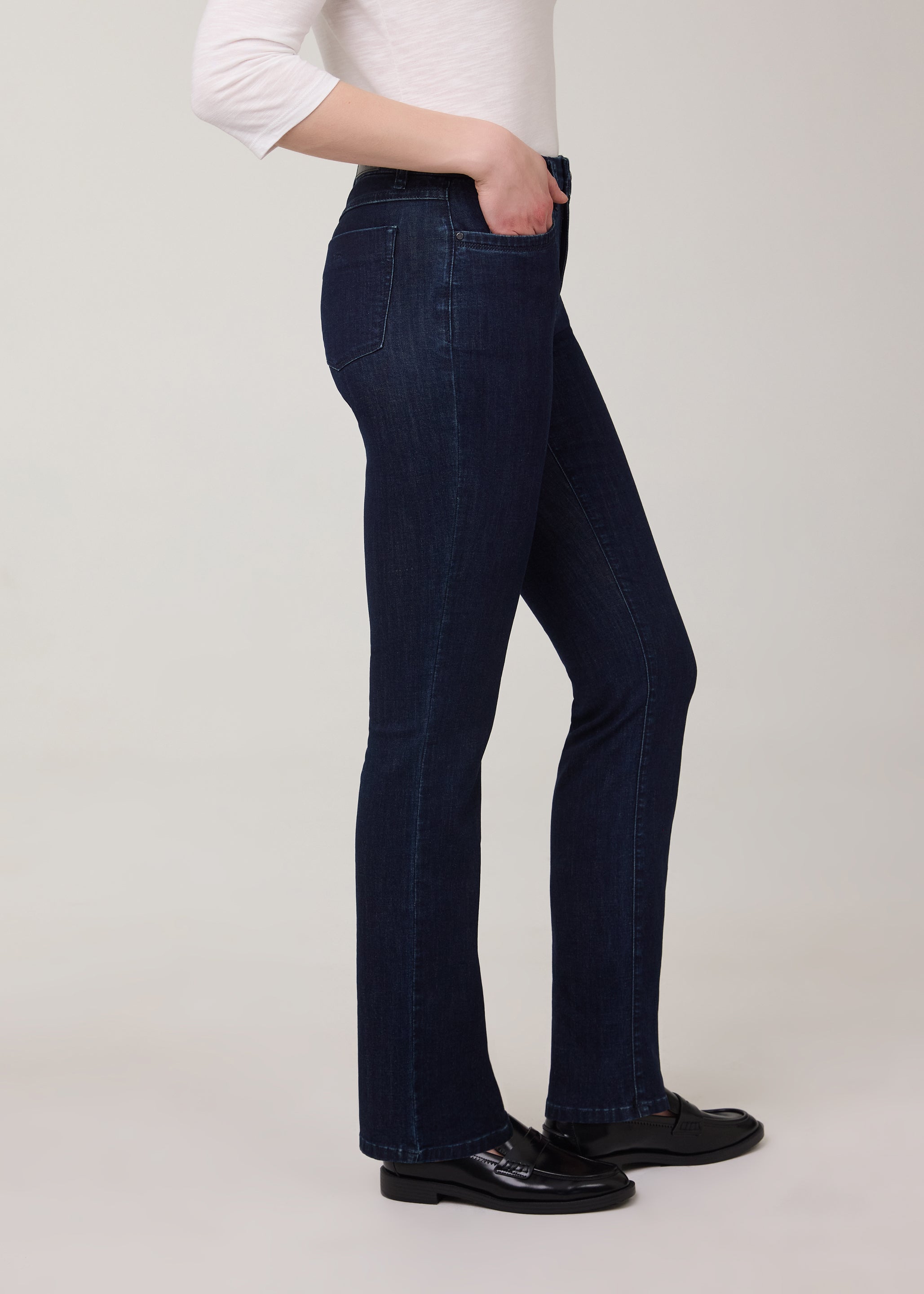 Side view of flared leg jeans in Delight color showcasing leg shape by French Dressing Jeans (FDJ)