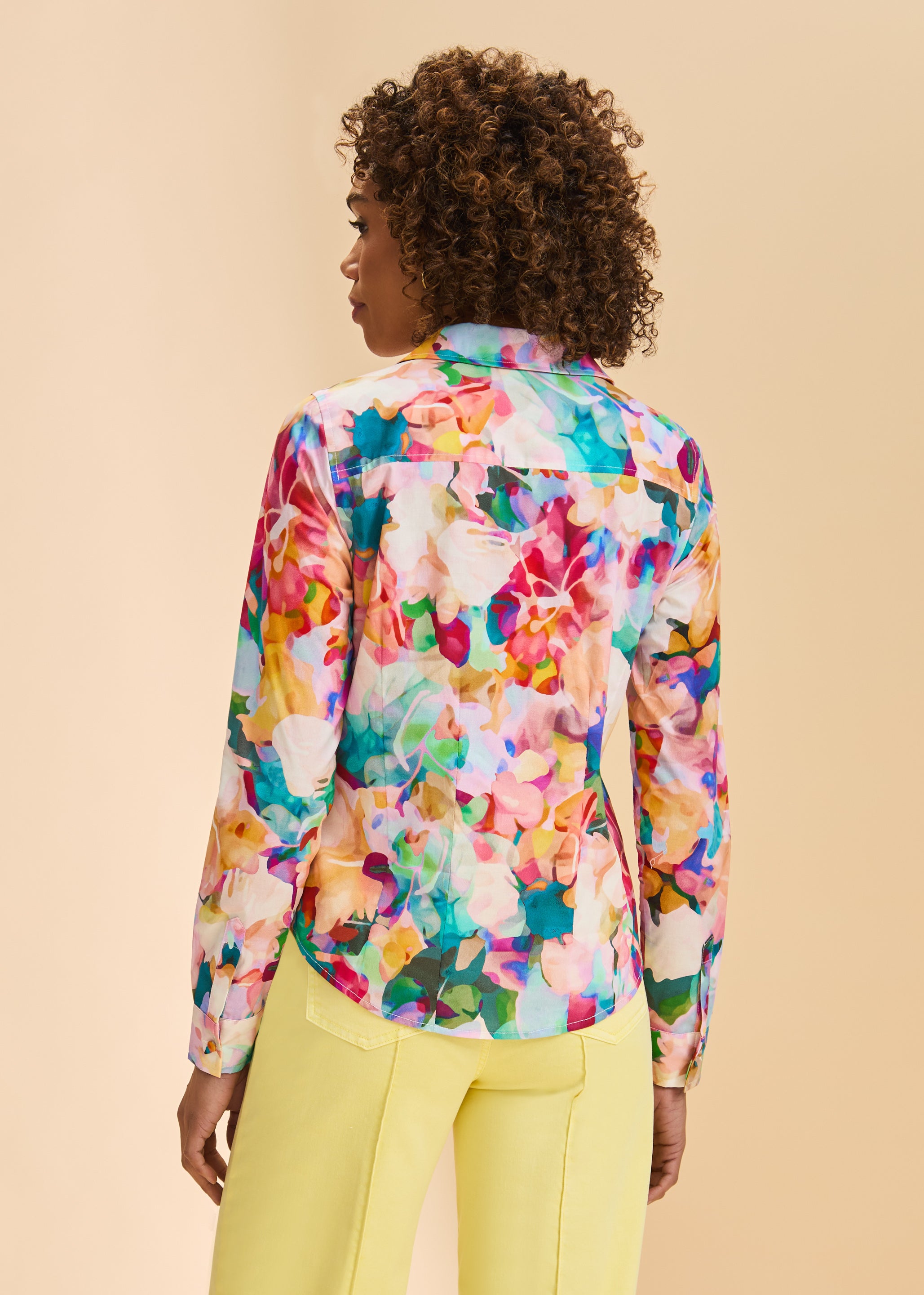 Back view of floral split neck shirt showcasing colorful pattern by French Dressing Jeans (FDJ)