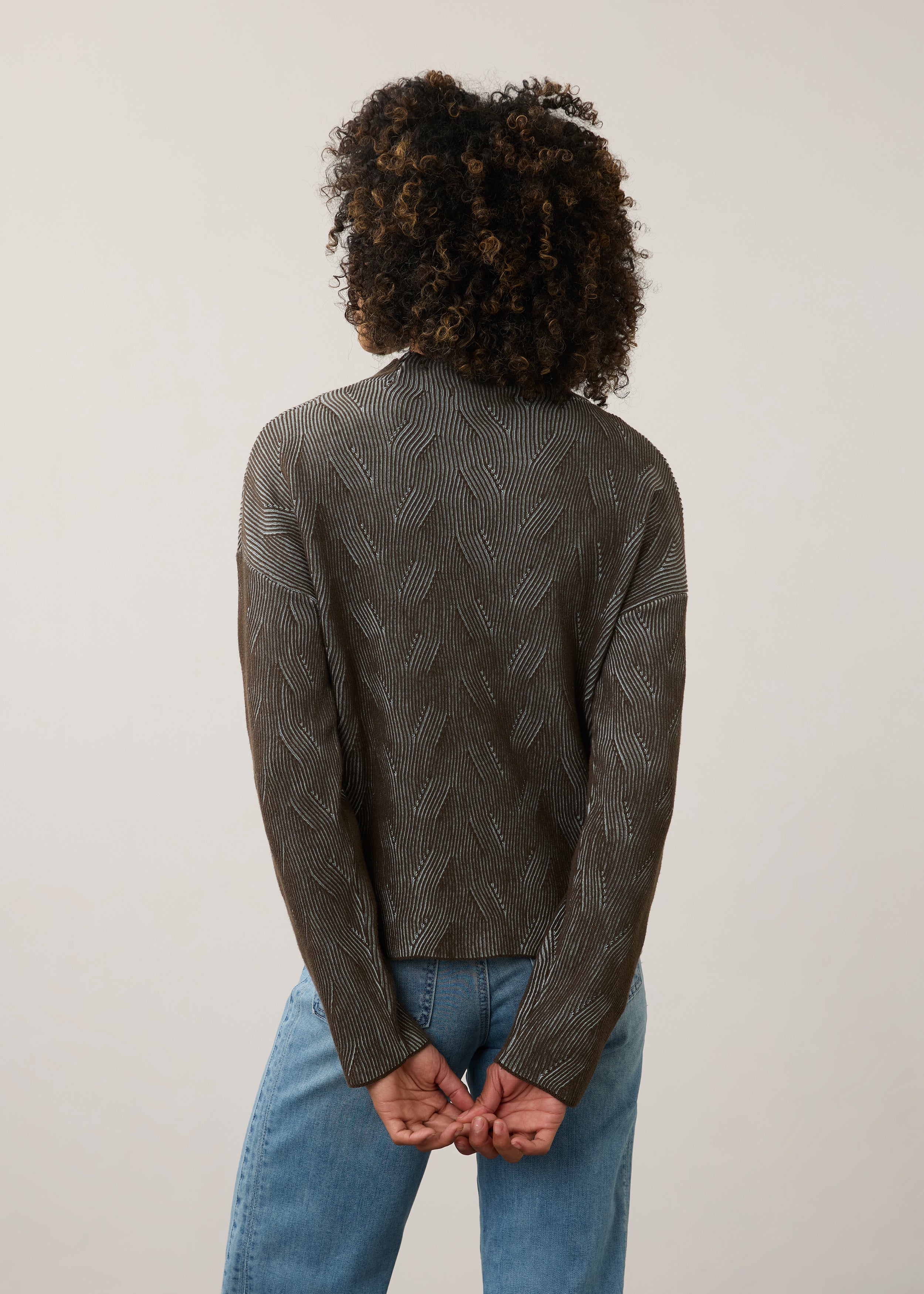 Back view of brown textured top showing seamless design by French Dressing Jeans (FDJ)