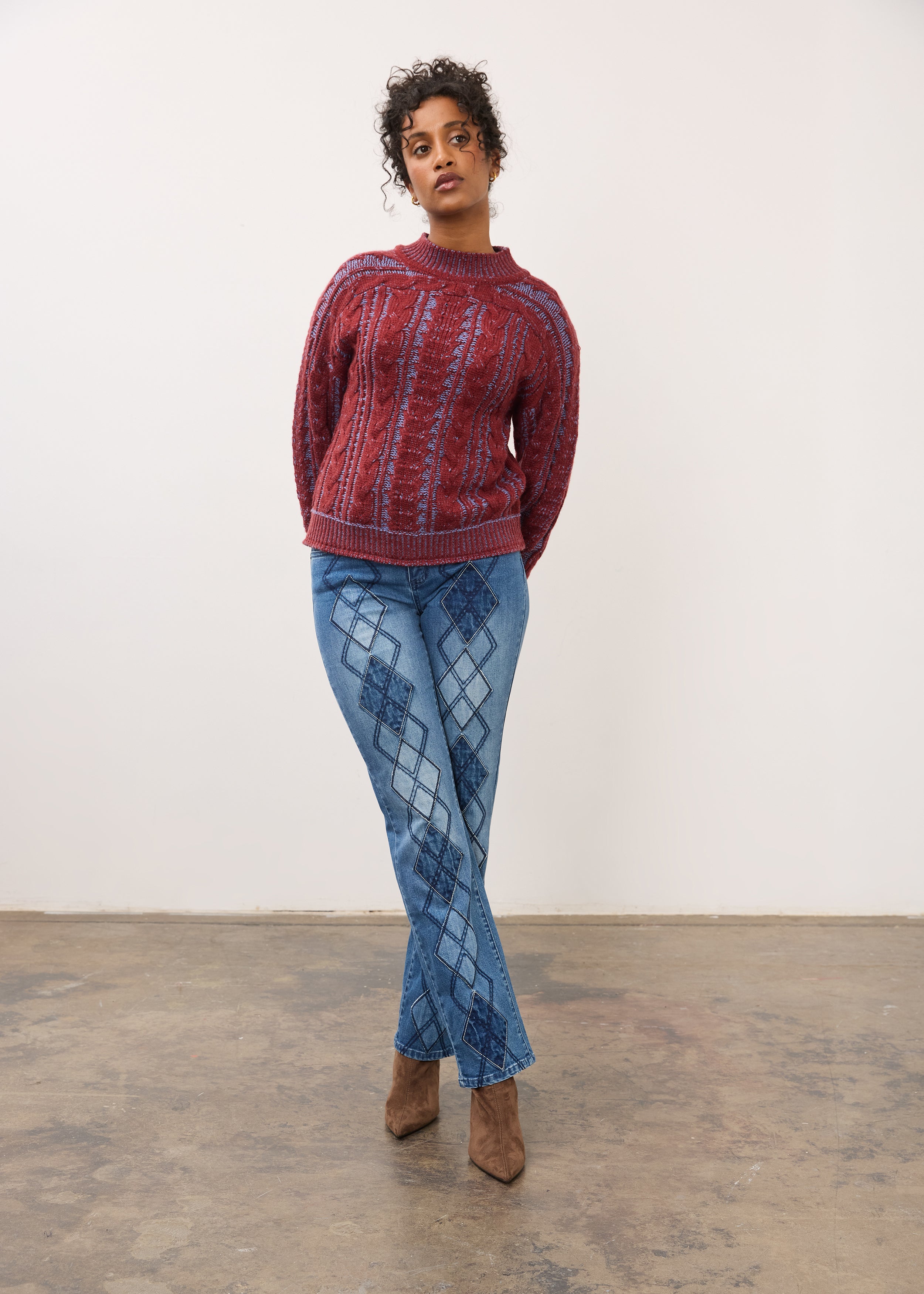 Full view of indigo jeans with diamond patterns and straight leg fit by French Dressing Jeans (FDJ)