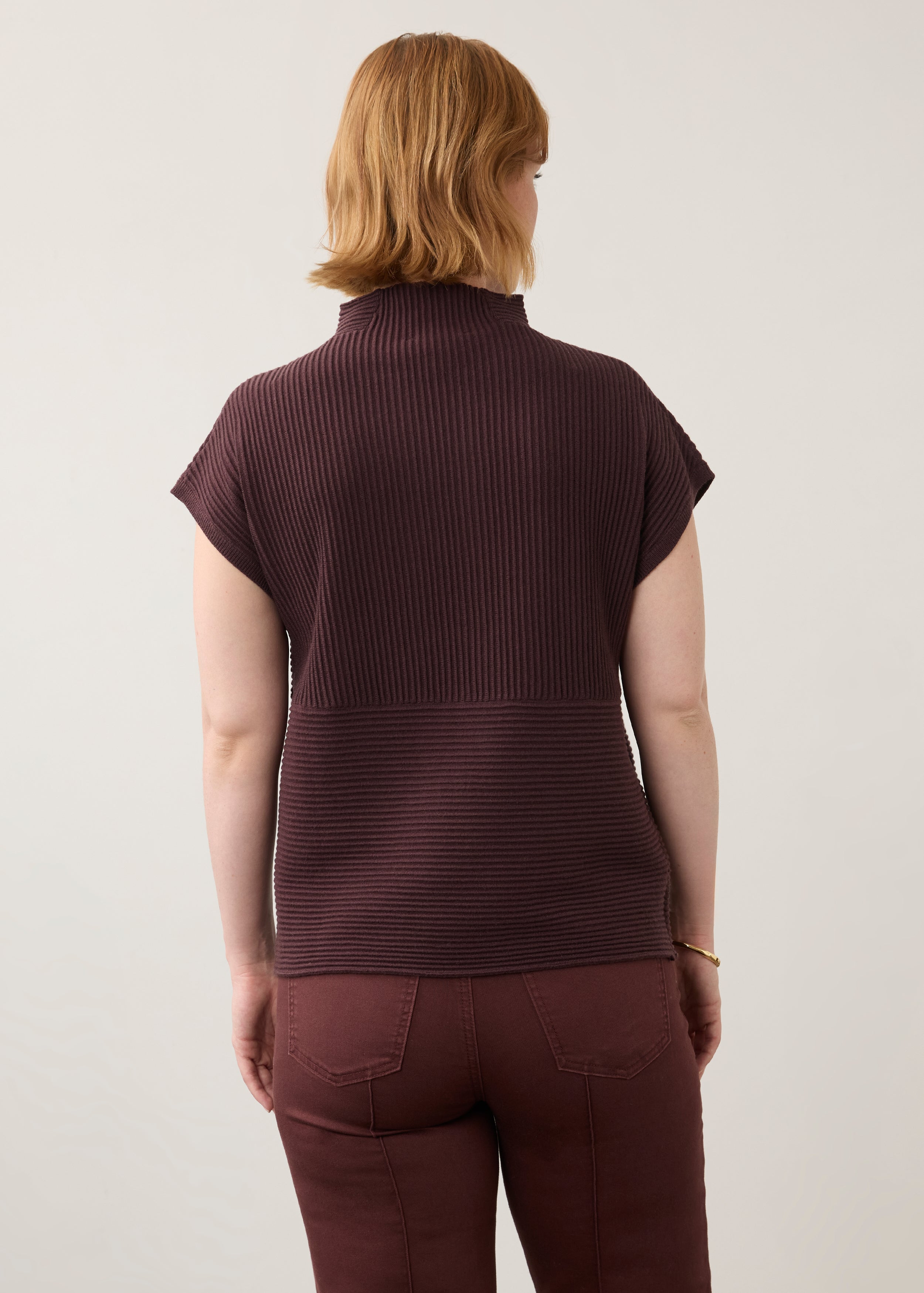 Back view of burgundy ribbed top with high collar and seamless design by French Dressing Jeans (FDJ)