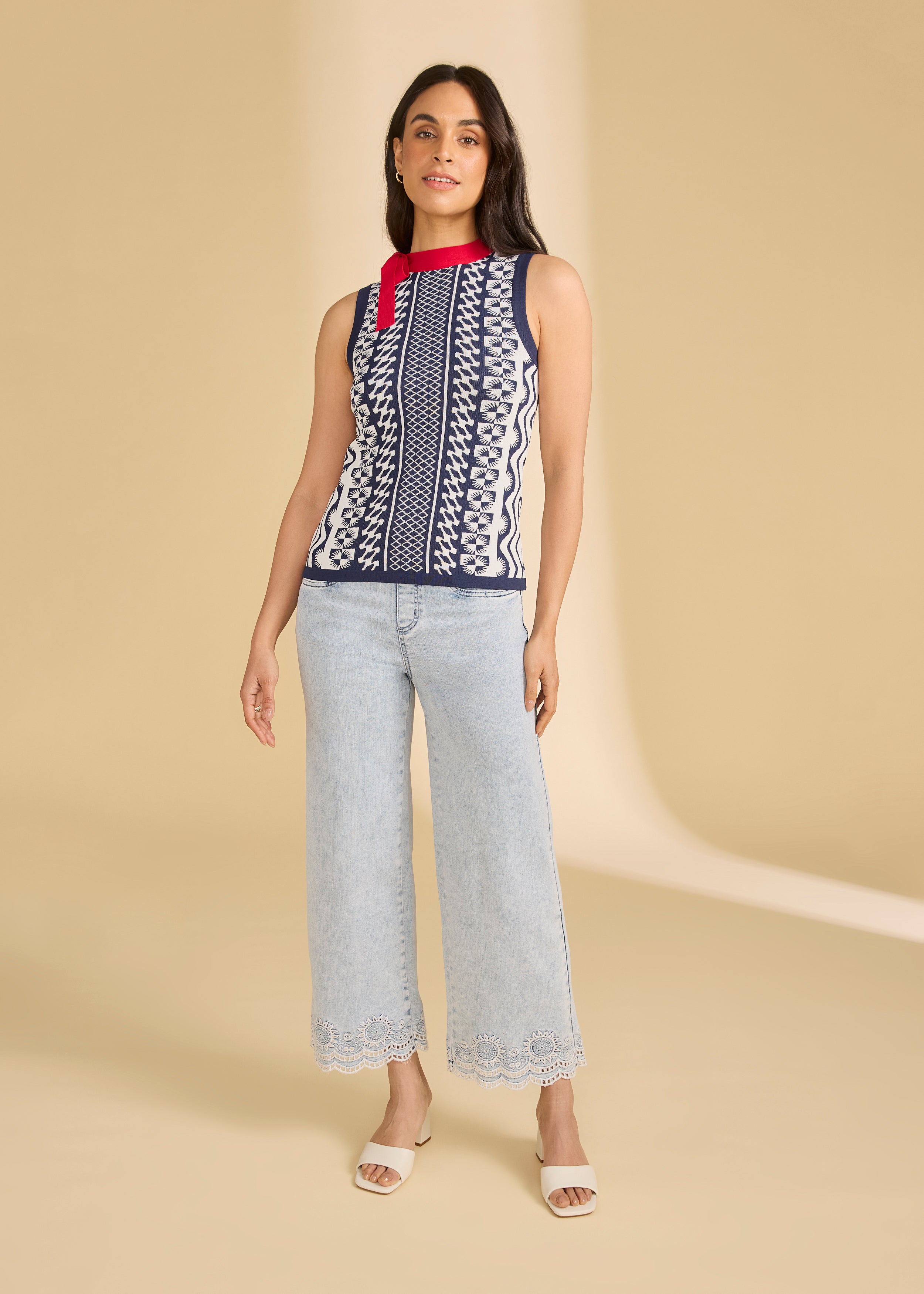Full outfit featuring light medium pull-on wide ankle denim with lace hem and printed top by French Dressing Jeans (FDJ)