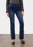 Front view of dark blue pull-on denim showcasing unique button details by French Dressing Jeans (FDJ)