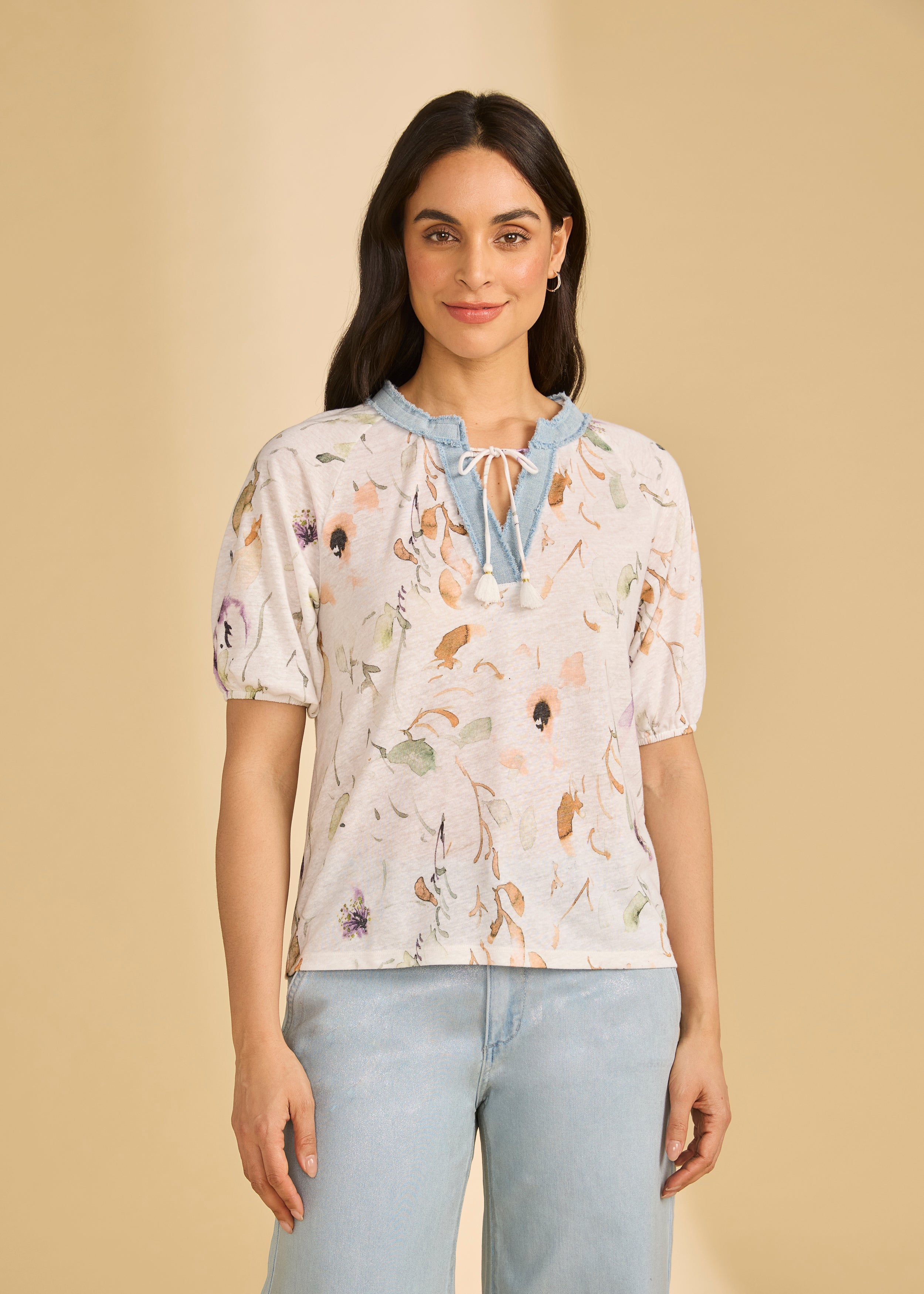 Front view of 3/4 sleeve embellished top in Delicate showing floral print and V-neck detail by French Dressing Jeans (FDJ)